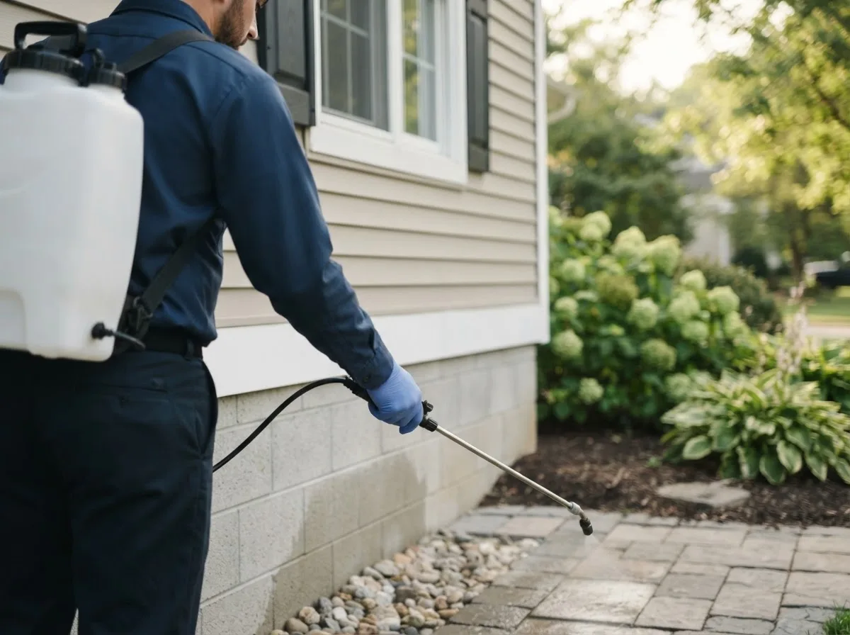 Pest control technician inspecting a home in Pineville, NC